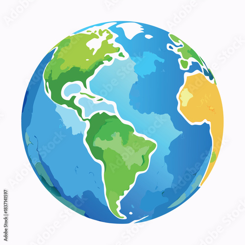 A colorful vector-style globe with bright blue oceans and green continents, illustrated in a clean, modern, and slightly cartoonish style