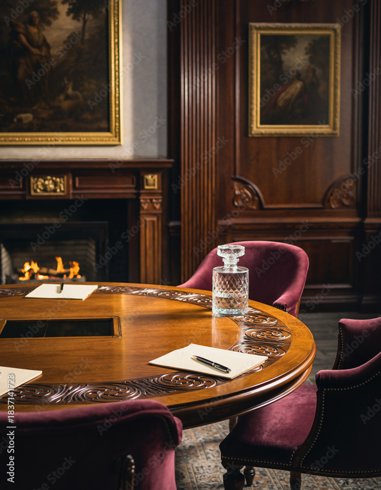 Obraz premium Exclusive meeting room with round table, ready for negotiation. Warm light, classic style. Perfect for finance, leadership, strategy, or design concepts.