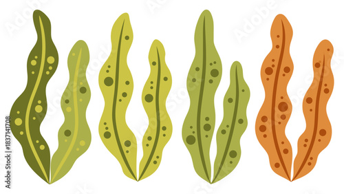Illustration of aquatic plants with speckled textures in shades of green yellow and orange against a black background