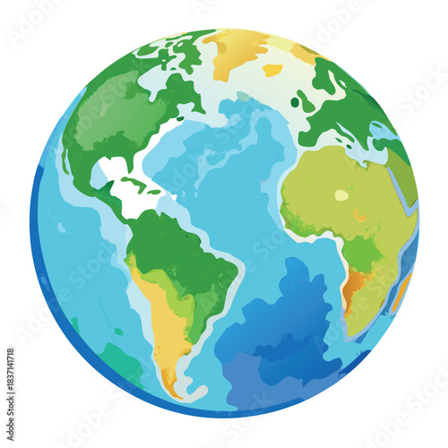 A colorful vector-style globe with bright blue oceans and green continents, illustrated in a clean, modern, and slightly cartoonish style