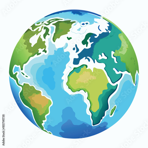 A colorful vector-style globe with bright blue oceans and green continents, illustrated in a clean, modern, and slightly cartoonish style