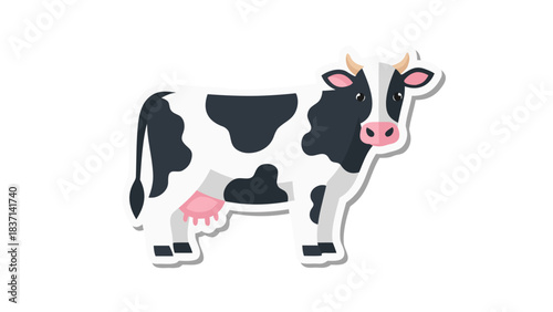 Illustrative Dairy Cow With Black And White Spots Standing On A Transparent Background Full Body Side View Realistic Farm Animal With Pink Udder And Small Horns