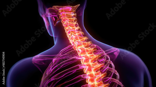 Human body showing cervical spine with red highlighting indicating pain, injury, or inflammation, representing neck discomfort and medical condition in anatomy visualization