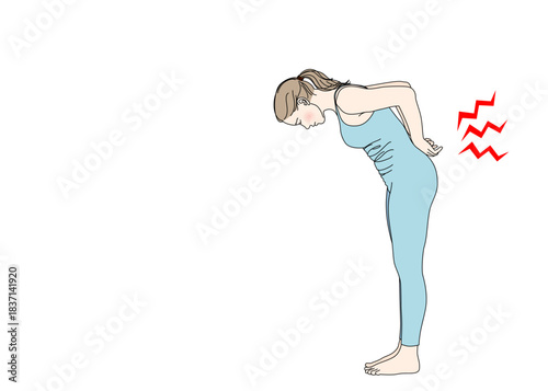 腰痛で腰を抑えて痛みをこらえる女性のイラスト 全身横向き カラー