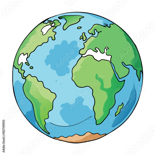 A colorful vector-style globe with bright blue oceans and green continents, illustrated in a clean, modern, and slightly cartoonish style