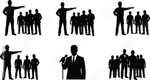 Construction Site Foreman Leadership, Directing Team Workers, Silhouette Figures, Public Speaker Addressing Audience, Management, Industrial Collaboration, Authority, Business Seminar 