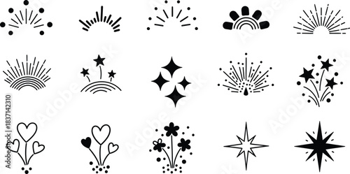  Hand-drawn line sunbursts, cartoon star sparkles, and playful surprise rays with comic starbursts and whimsical sunshine