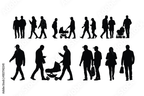 A collection of black silhouettes depicting diverse people walking and interacting in various scenarios