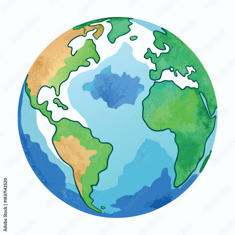 Fototapeta premium A colorful vector-style globe with bright blue oceans and green continents, illustrated in a clean, modern, and slightly cartoonish style