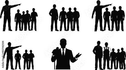 Construction Worker Foreman Directing Team and Public Speaker Silhouette Collection, Leadership, Teamwork, and Corporate Presentation Vector Icons, Audience Communication and Authority Concept Set