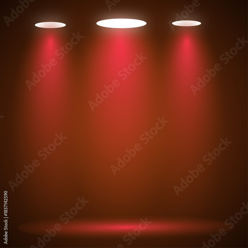 Three stage spotlights illuminating a dramatic dark scene with vibrant red light beams and a glowing circular ground area.