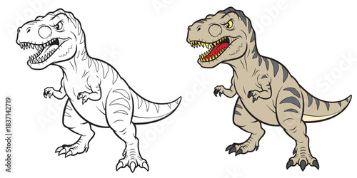 Mighty T-Rex Figure Outline and Colored Version Isolated on White