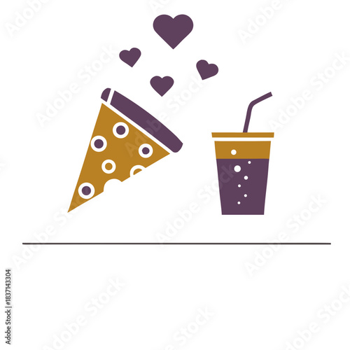 Illustration of pizza slice and drink with hearts in romantic style  