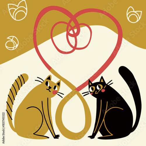 Two cute cats forming a heart shape with their tails in playful art  