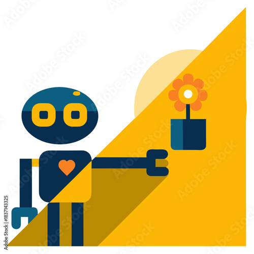 Colorful robot holding a flower pot with a cheerful background  