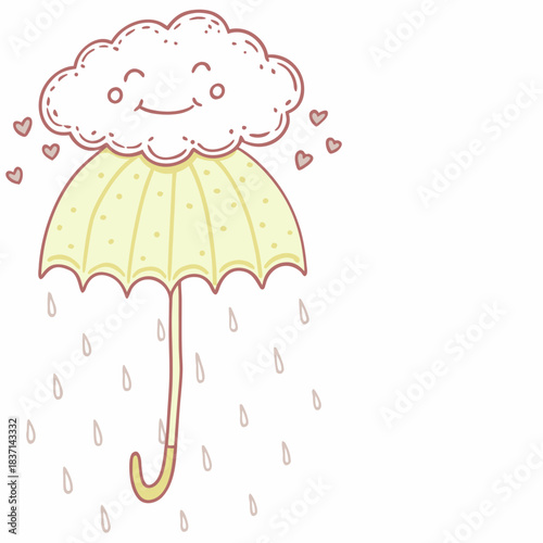 Cute cartoon cloud smiling with yellow umbrella and rain drops  