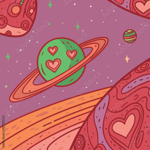 Colorful planets with hearts in a whimsical space background  