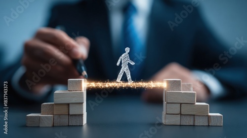 A businessman uses creativity to bridge gaps, symbolized by a figure walking over blocks, representing innovation and overcoming challenges.