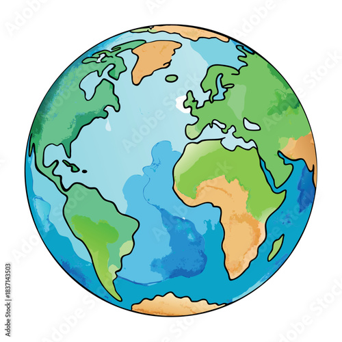A colorful vector-style globe with bright blue oceans and green continents, illustrated in a clean, modern, and slightly cartoonish style