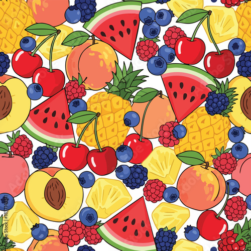 Colorful fruit minimal seamless pattern. Sliced fruits and whole fruits. Pineapple, watermelon, orange, peach, cherry, blueberry, raspberry. Isolated on white background. Fresh fruit illustration.