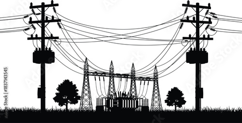 Electric Power Transmission Silhouette: High-Voltage Substation Equipment, Distribution Poles, and Overhead Wires in Grassy Landscape Vector Illustration, Energy Infrastructure, Global Electricity 