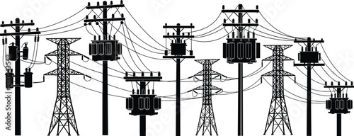 Electric Power Transmission Distribution Grid Network Silhouettes, High Voltage Utility Towers and Wooden Poles with Step-Down Transformers, Industrial Energy Supply Infrastructure, Urban and 