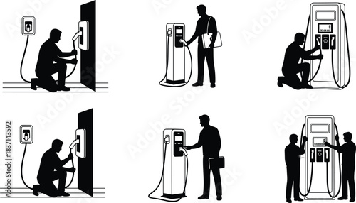 Electric Vehicle Charging Station, EV Car Power Socket Connection, Home Wall Charger, Public Fast Charge Point, Sustainable Energy Technology, Green Mobility Infrastructure, Man Plugging In Cable, 