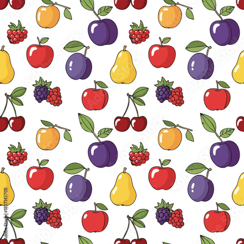 Fruit minimal seamless pattern. Colorful illustration of apples, pears, cherries, plums, berries on white background. Fresh fruit icons. Vector design element. Seamless texture. Fruitful pattern.