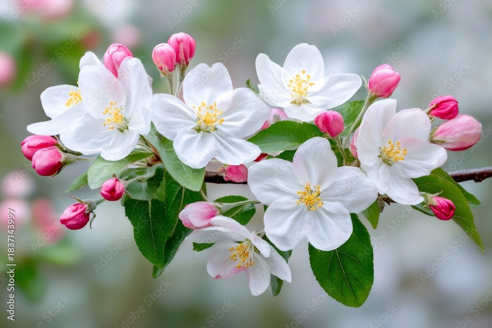 Fototapeta premium Apple tree branch blooming with white flowers and pink buds
