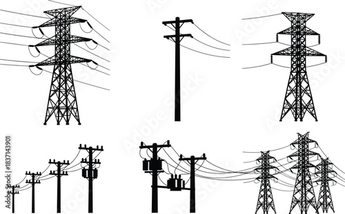 High-Voltage Electricity Transmission Towers, Utility Poles, and Power Lines Vector Set for Electrical Infrastructure, Energy Distribution, and Global Network Supply Isolated on White