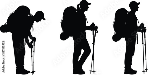 Hikers Silhouette Set: People Trekking with Backpacks and Hiking Poles, Engaged in Adventure, Expedition, and Outdoor Lifestyle Activities, Isolated Vector Illustration on White Background