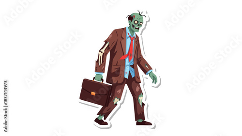 Male Zombie In A Ripped Brown Suit And Blue Shirt Carrying A Briefcase Walking With Torso Exposed And Green Skin With Red Eyes And Messy Hair On Black Background