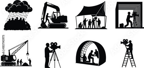 Humanitarian Aid Crisis Relief Vector Icons Set, Depicting Displaced People Under Rain, Excavation, Temporary Tent Shelter Construction, Cameraman Filming in Studio, Crane Lifting, Dome Structure 