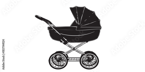 Baby stroller side view outline icon vector	
