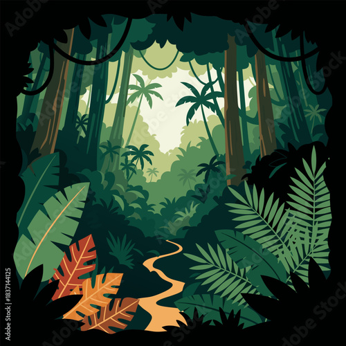 Lush tropical jungle landscape illustration with winding path leading into dense green wilderness, vibrant foliage and towering trees for nature exploration and adventure concepts