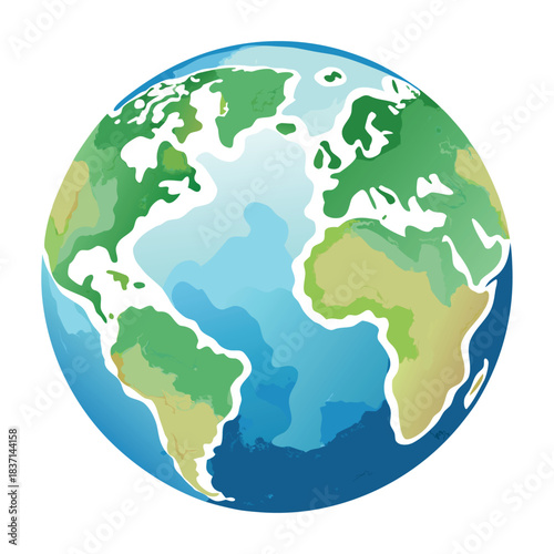 A colorful vector-style globe with bright blue oceans and green continents, illustrated in a clean, modern, and slightly cartoonish style