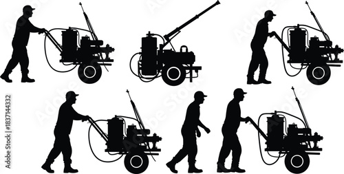 Road construction and maintenance worker silhouette operating asphalt crack sealing equipment, pushing portable hot melt machine on highway, street repair, pavement renovation, industrial service.