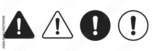 Hazard symbol in black and white, including exclamation icons in various shapes, stroke-style vector illustrations perfect for caution signs, safety warnings, and industrial design