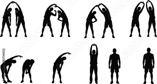 Silhouettes of diverse people stretching and warming up before exercise, a vibrant vector collection showcasing fitness, health, wellness, and healthy lifestyle activities against a 