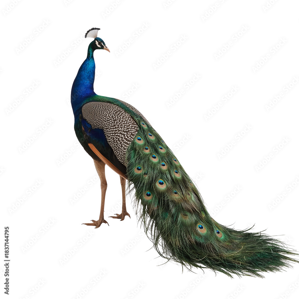 Obraz premium Magnificent peacock displaying vibrant plumage against a stark contrasting backdrop of black