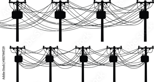 Tangled urban electricity power lines and telecommunication cables on utility poles against a bright white background, illustrating complex infrastructure and modern communication technology,
