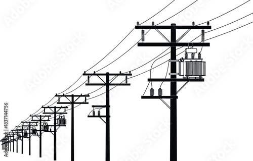Title: Electric utility poles carrying power lines and distribution transformers, a perspective view of the vital infrastructure delivering electricity for urban and rural energy 