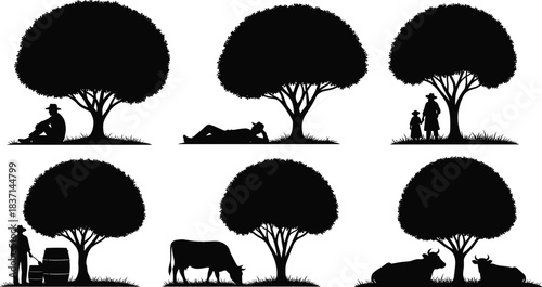Tranquil Rural Silhouette Collection: Men Resting and Farming Near Large Shady Trees, with Grazing and Reclining Cattle, Illustrating Idyllic Countryside Life and Natural Serenity.