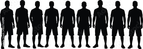 Vector silhouettes of diverse athletic young men standing in shorts and t-shirts, representing team sports, fitness, summer fashion, body types, and group unity for graphic design, web,