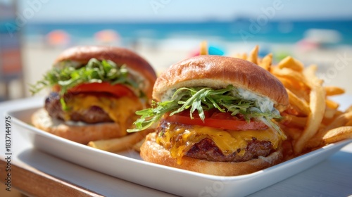Two juicy burgers on a plate sit alongside crispy fries against a bright blue ocean backdrop.