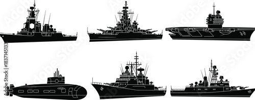 Warships silhouettes vector collection: battleship, aircraft carrier, cruiser, submarine, destroyer, frigate; navy military armament set; modern naval forces defense and offense concept illustration.