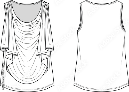 Women’s cowl neck sleeveless draped top technical fashion flat sketch, front and back CAD drawing template with fold lines for apparel design and specification pack, vector illustration,