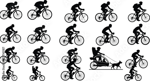 Vector Silhouettes Collection: Diverse Cyclists Riding Road, Mountain, and Touring Bicycles, Including Family with Pet Dog in Trailer, Outdoor Sport Activity, Healthy Lifestyle.