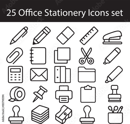 Office Stationery Icons Set – 25 Vector Black Outline Icons, 1:1 Grid, Minimalist Design