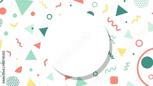 Abstract Memphis Style Background with Geometric Shapes and Copy Space.